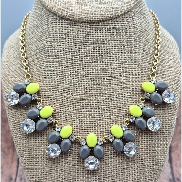 J.Crew Gold Tone Gray & Green Statement Collar Necklace Clear Crystals Bib 20" - Picture 3 of 9